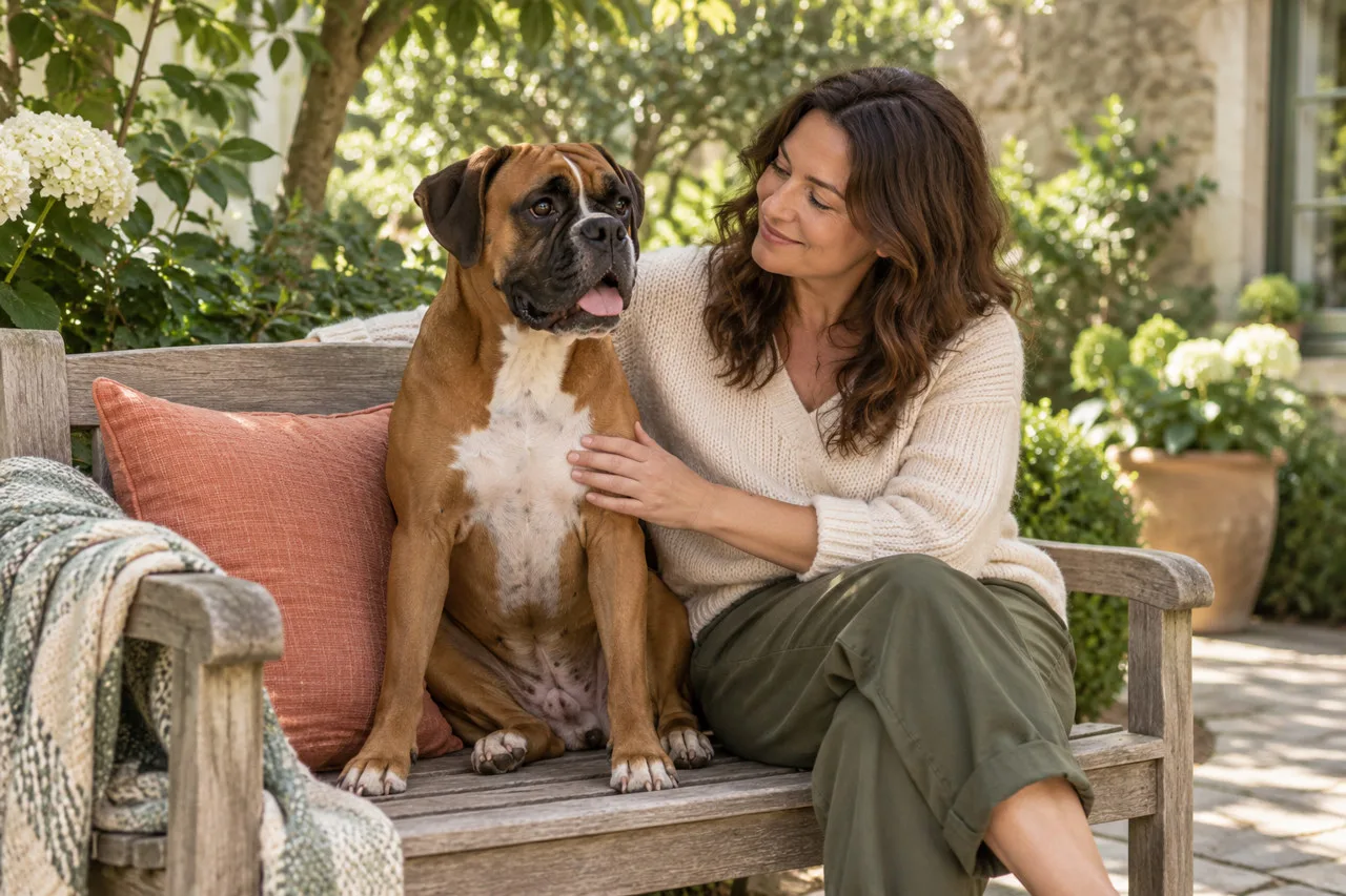 Owner sitting outdoors with a short-coated brown dog